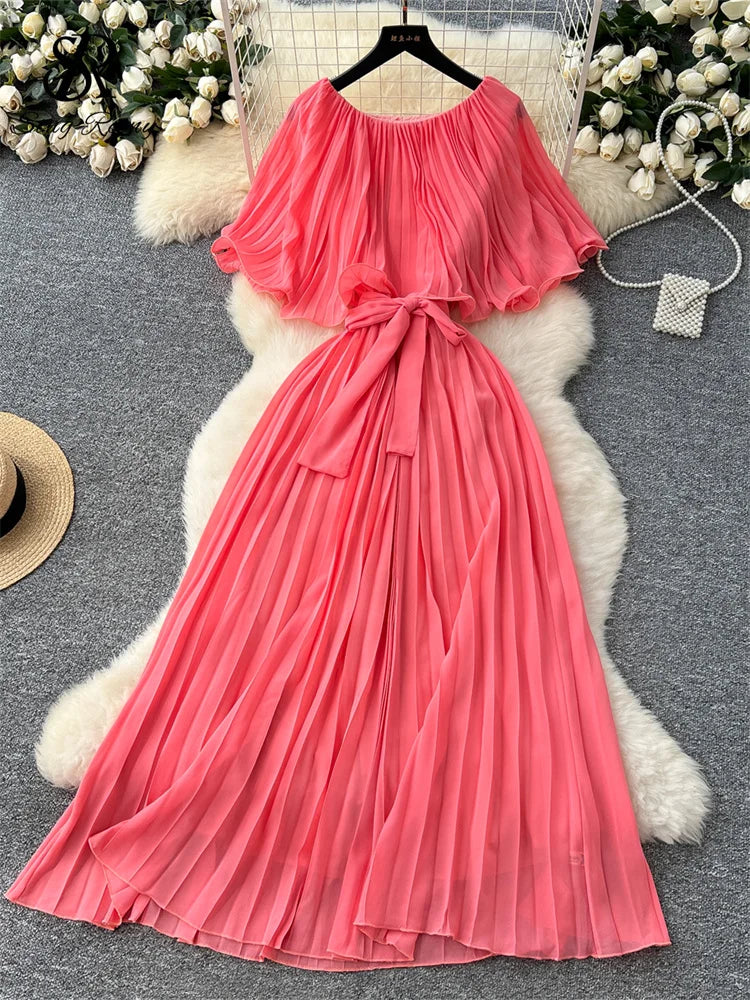 Chiffon Long Dress Short Sleeves Lace Up Slim Pleated Maxi Dress
