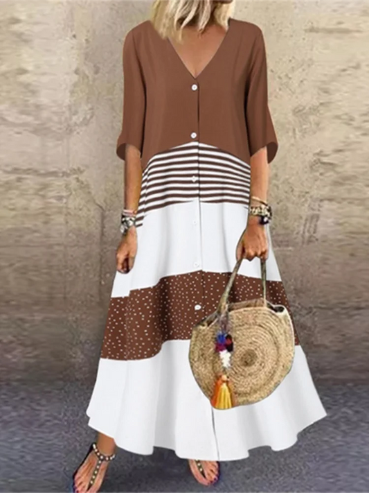Color Blocked Printed Short Sleeved V-neck Button Up Women's Dress