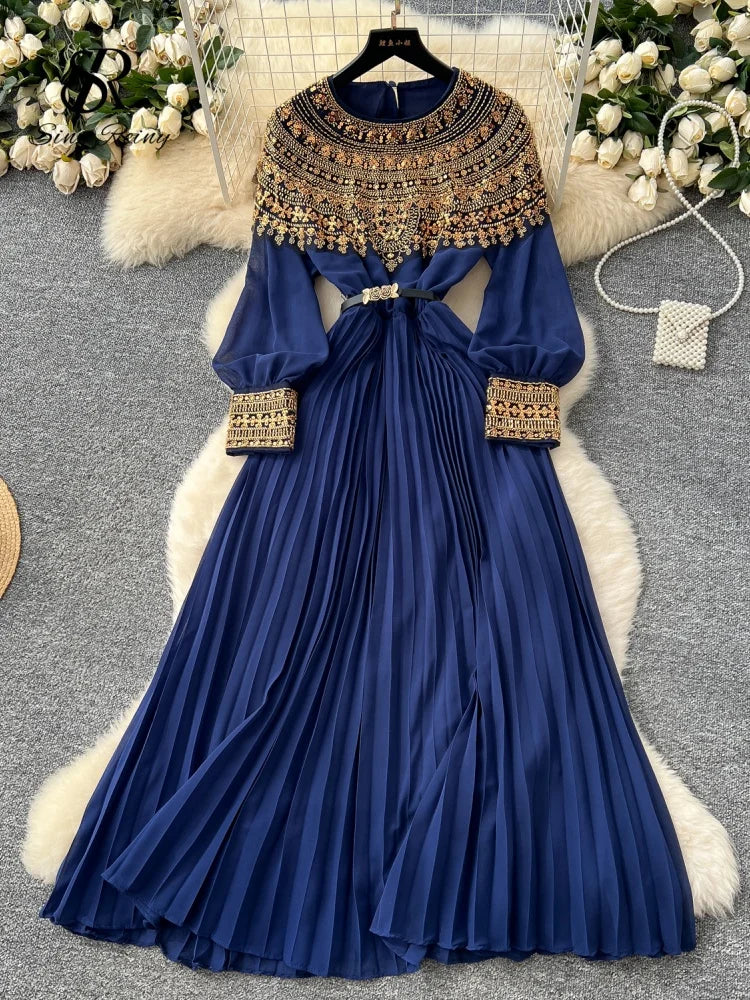Sequined Vintage Long Dress Lantern Sleeves French Style Sashes Beading Pleated Maxi Dress