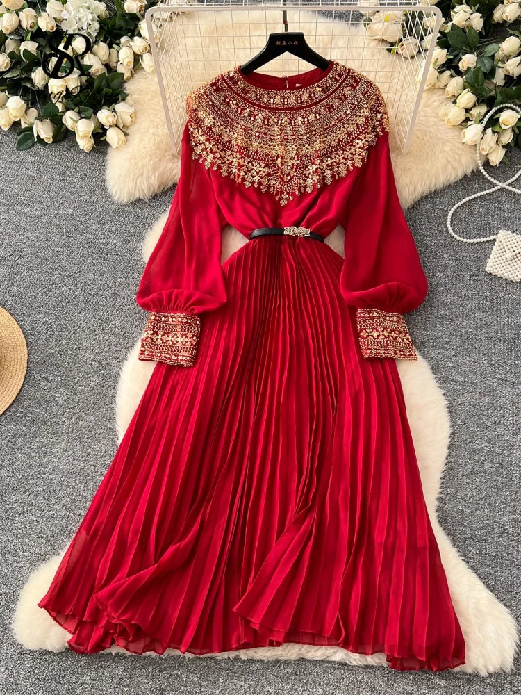 Sequined Vintage Long Dress Lantern Sleeves French Style Sashes Beading Pleated Maxi Dress