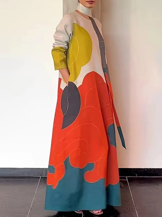 Spring Stylish Dress Women Long Sleeves Loose Fit Maxi Dress with Scarf Party Dresses