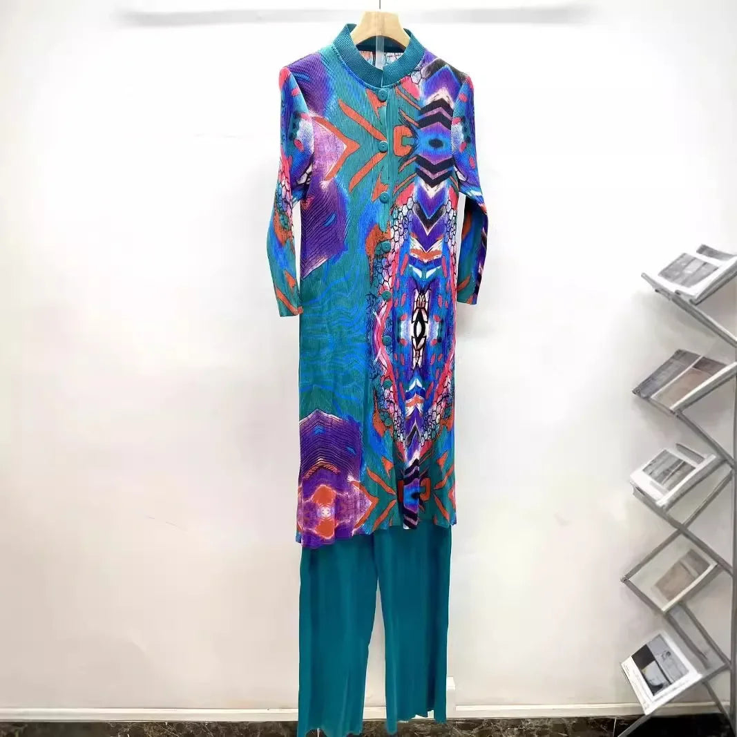 Miyake Pleated Printed Cardigan Stand-up Collar Long Top + High-waisted Versatile Straight-leg Pants 2-piece Set