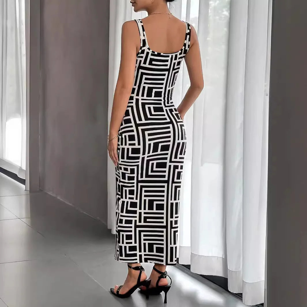 Womens Print Dresses Sleeveless Casual Round Neck Midi Skinny Dress