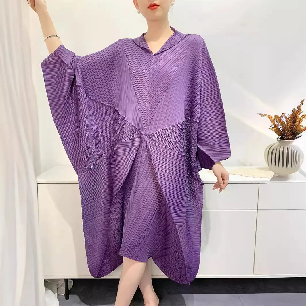 Pleated Dress Women's Bat wings loose  Splicing Solid Color Mid-length Skirt