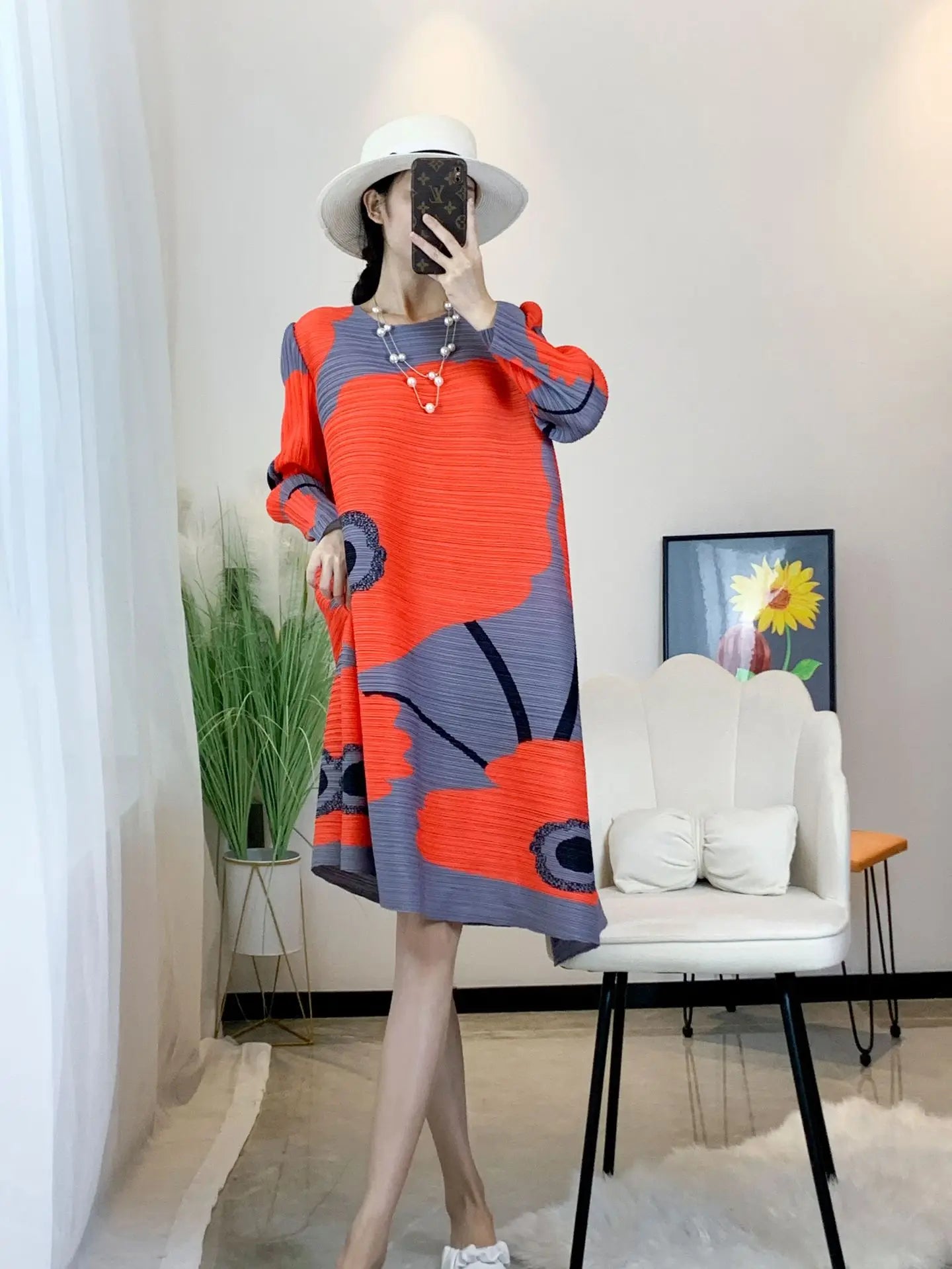 Pleated Loose Women's Dress Casual Mid Length Free Size Dress