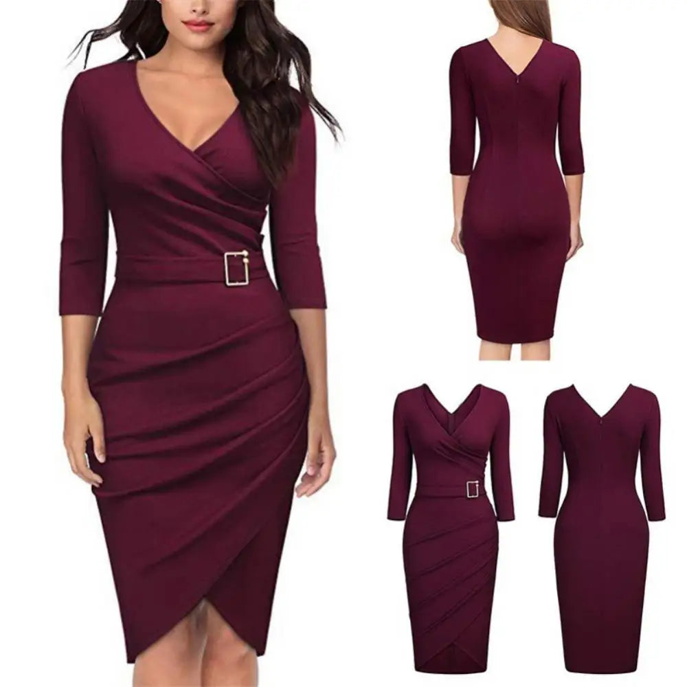 Women V Neck 3/4 Sleeve High Waist Belted Irregular Pencil Dress