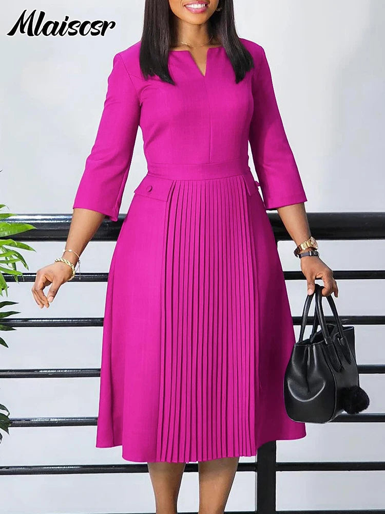 Elegant Pink A-line Dresses Women V-neck 3/4 Sleeve Pleat