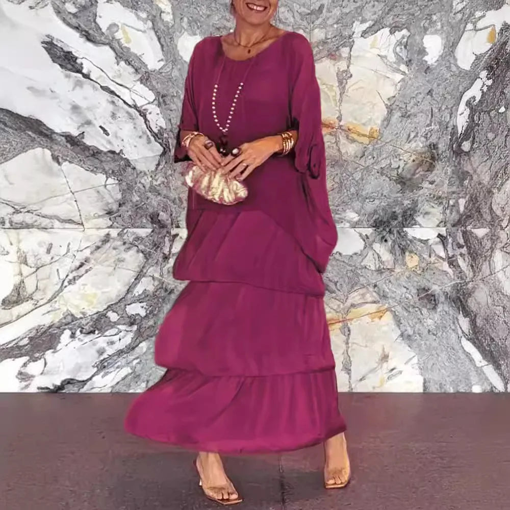 Women's Elegant Long Dress Fashion Round Neck Bat Sleeves Plus Size
