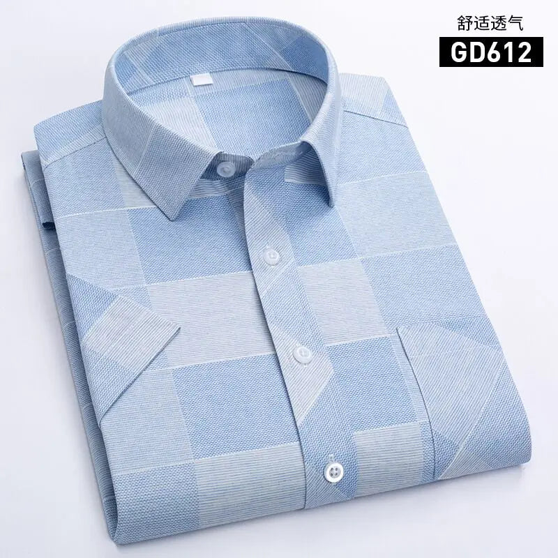 Men's Short-Sleeved White Dress Shirts Classic Plaid Stripes Cotton Slim Business Casual