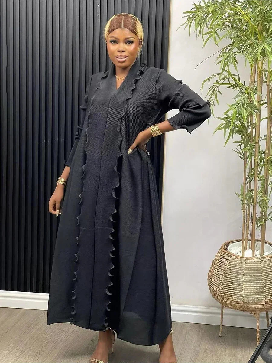 Pleated Maxi Long Dress Solid Ruffles Full Sleeve with Belt Formal Dresses