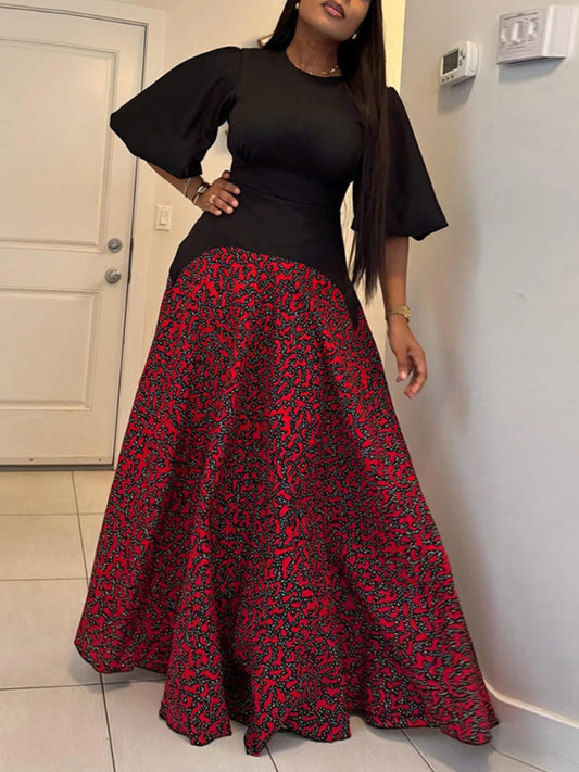 Printed Patchwork Dresses Lantern Sleeves High Waist A Line Maxi