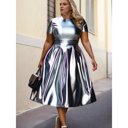 Women Sequin Dress Short Sleeve Round Neck Solid Pleated A-Line Evening Midi Summer Dresses
