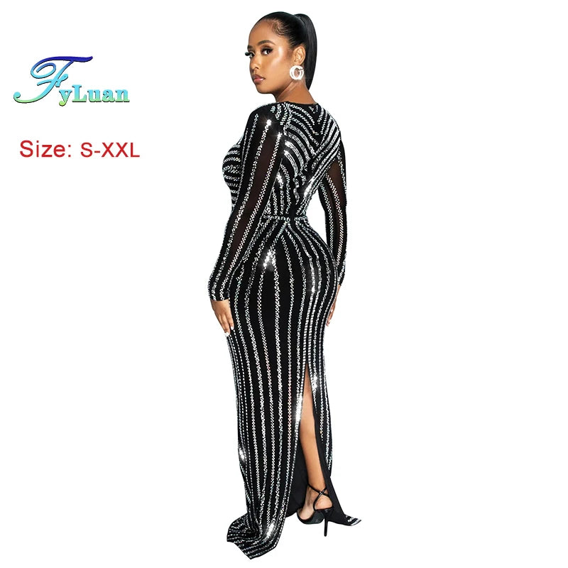Black Sparkle Rhinestone Maxi Dress Fashion Long Sleeve V Neck Elegant Slim Long Party