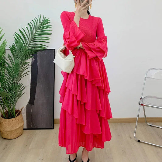 Ruffles Pleated Dress Women Long Sleeves Dresses Party Clothing