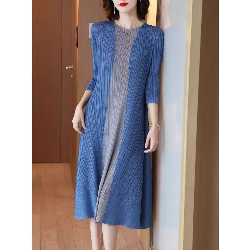 Women Vintage Elegant Summer Casual O Neck 3/4 Sleeve Loose Midi Dress