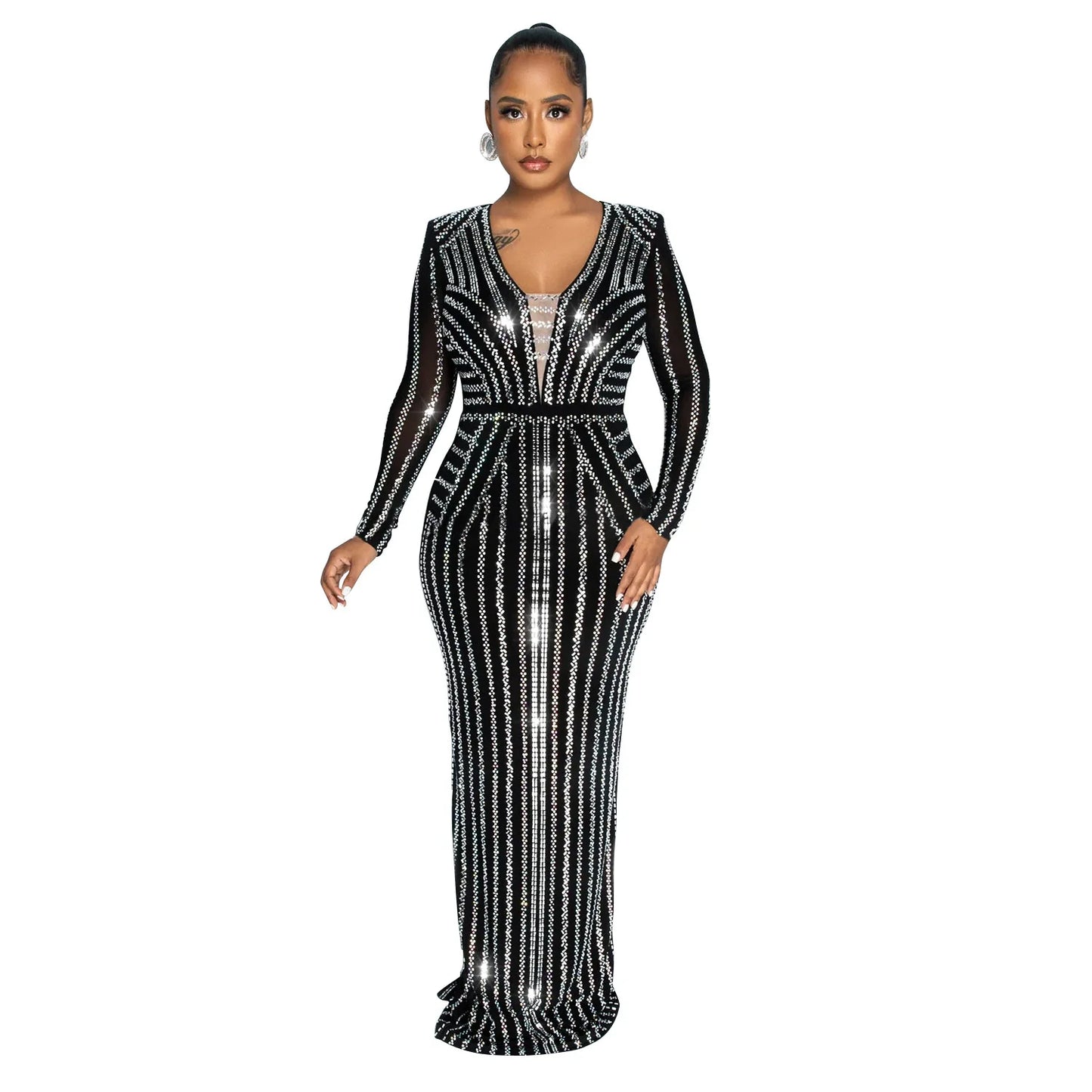 Black Sparkle Rhinestone Maxi Dress Fashion Long Sleeve V Neck Elegant Slim Long Party