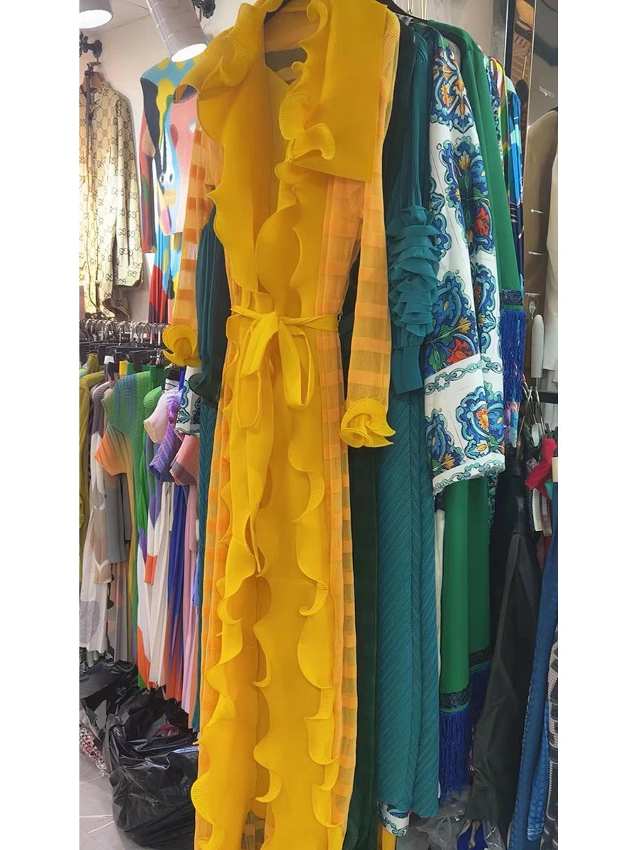 Pleated Set Solid Flounced Full Sleeved Evening Party Two Piece Sets Women