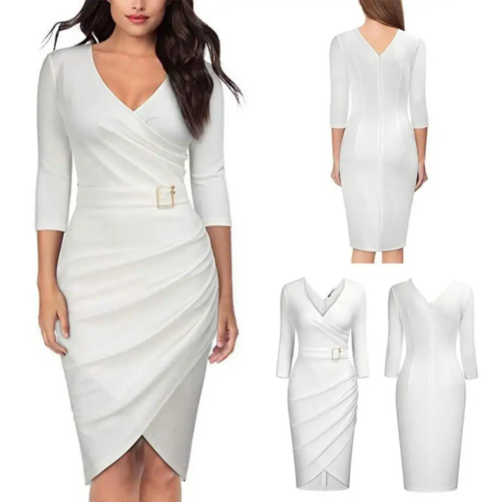 Women V Neck 3/4 Sleeve High Waist Belted Irregular Pencil Dress