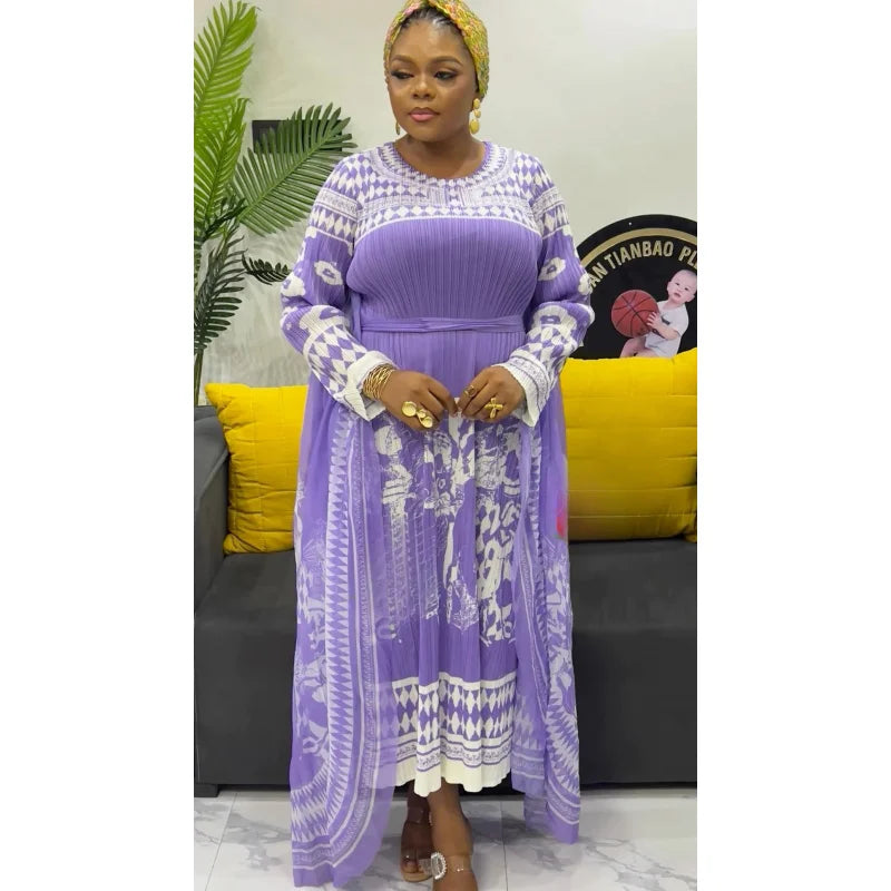 Pleated Maxi Dress 2025 Summer New Elegant Round Neck Long Sleeve Fashion Printed Lace Long Dresses for Women