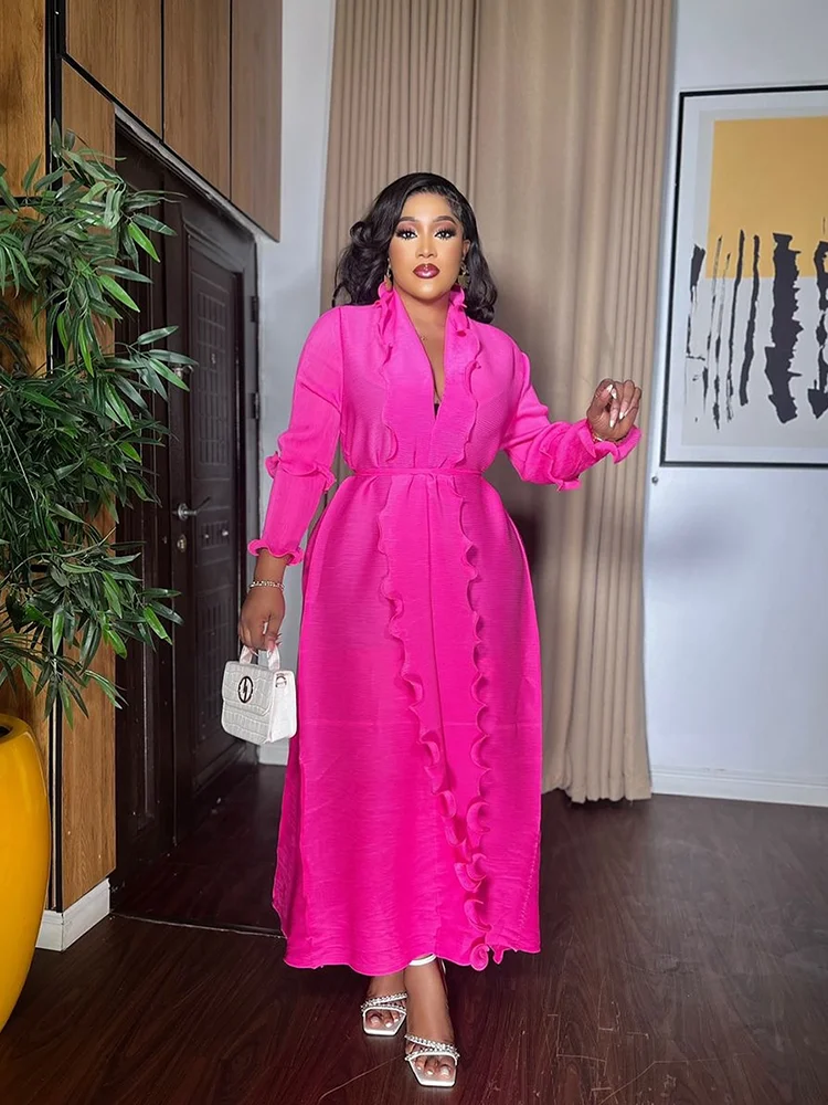 Pleated Maxi Long Dress Solid Ruffles Full Sleeve with Belt Formal Dresses
