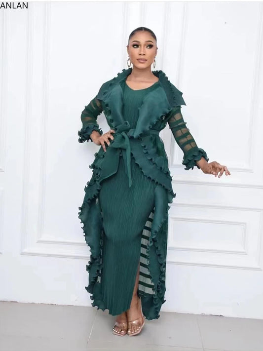 Pleated Set Solid Flounced Full Sleeved Evening Party Two Piece Sets Women