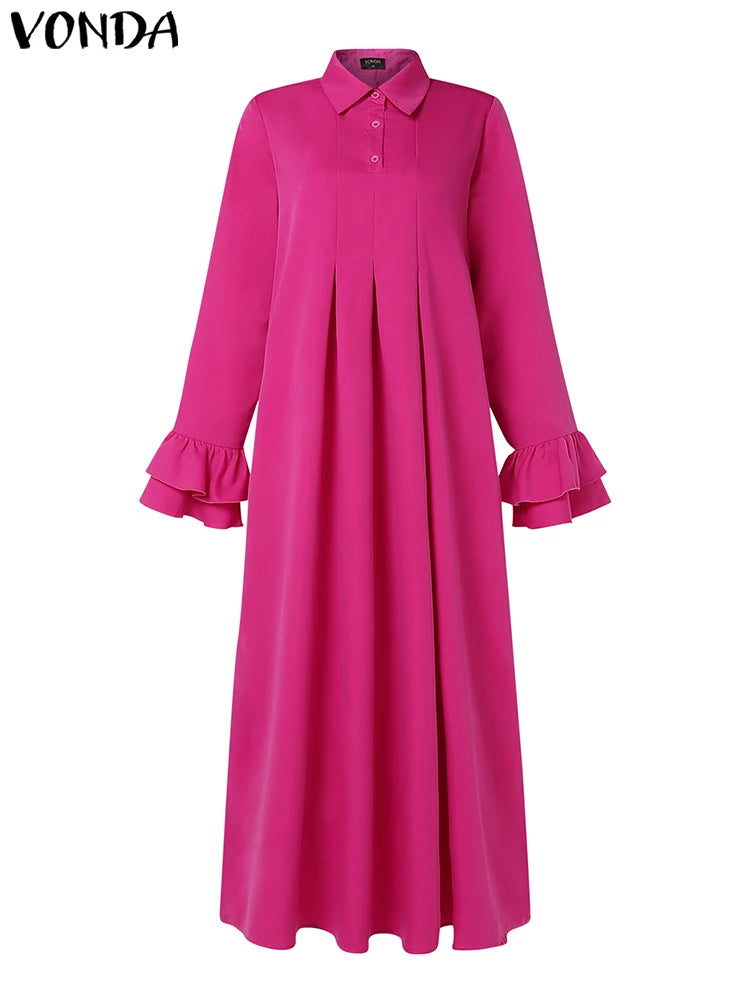 Women Elegant Shirt Dress Ruffle Pleated Maxi Long Dress Casual Loose Denicy