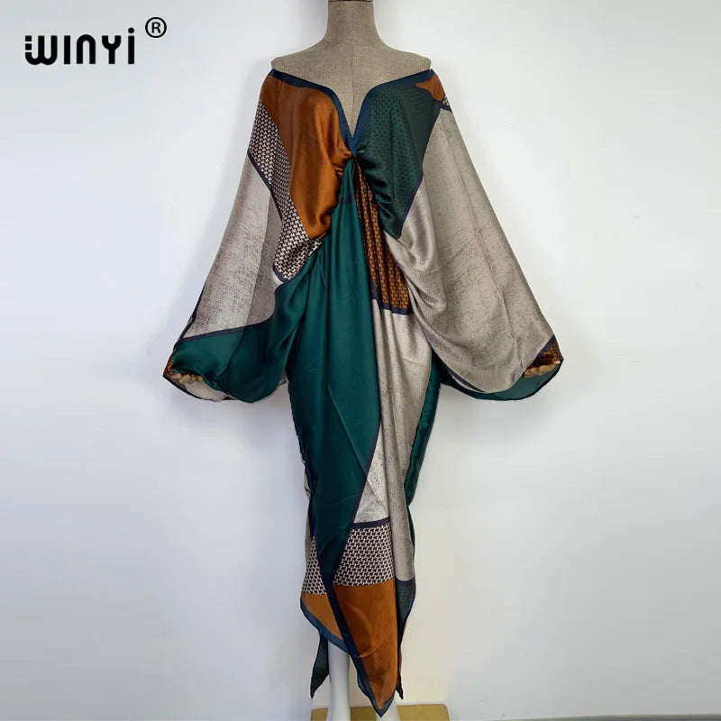 Retro Printed Party Long Dress Women Elegant kaftan Deep V Neck long Sleeve Dress