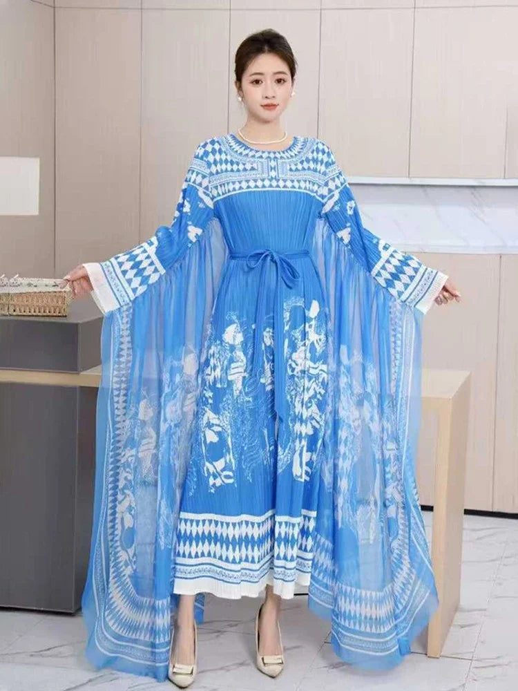 Pleated Maxi Dress 2025 Summer New Elegant Round Neck Long Sleeve Fashion Printed Lace Long Dresses for Women