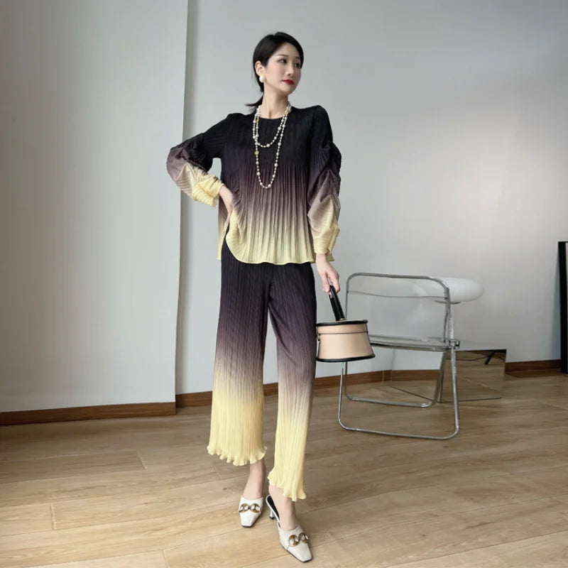 Pleated Pants Set Gradient Bubble Sleeve Loose Women's  Two-piece Suit