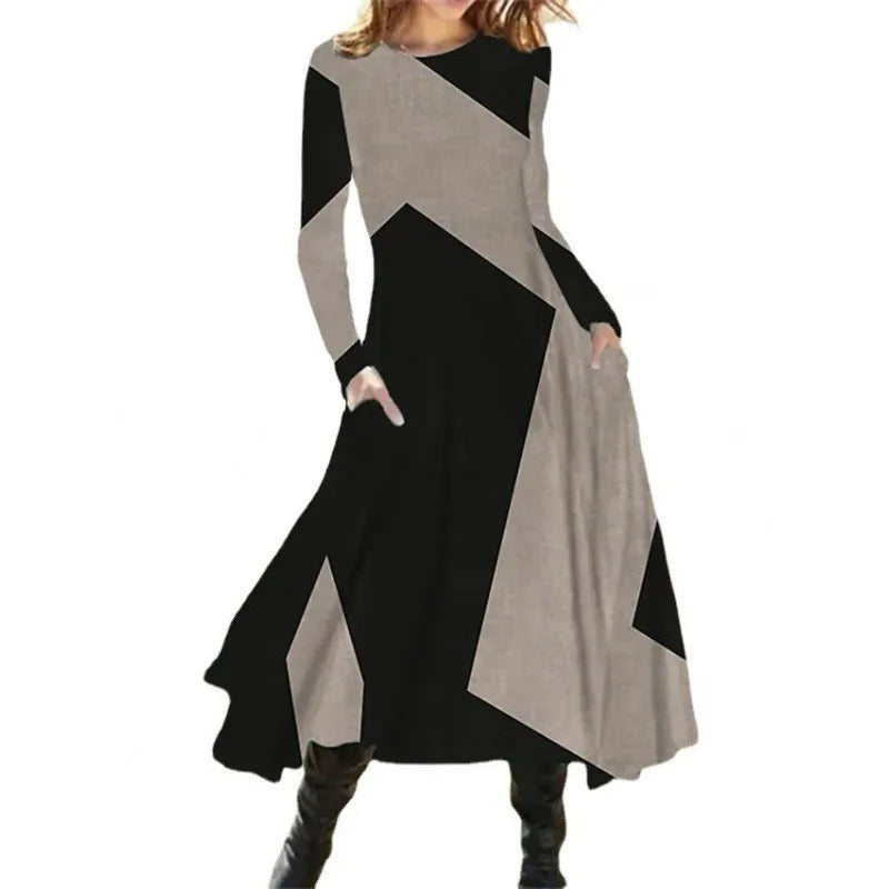 Autumn And Winter Women's Long Sleeve Swing Long Dress Retro Geometric Print Round Neck