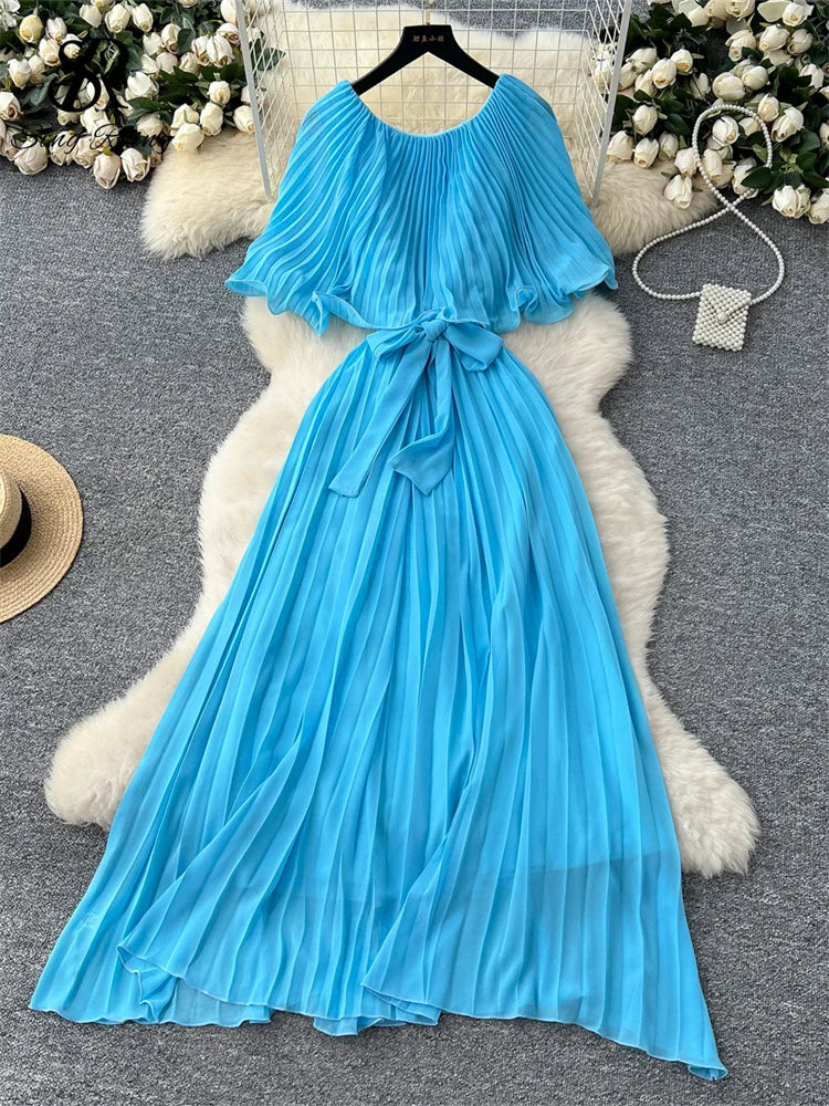 Chiffon Long Dress Short Sleeves Lace Up Slim Pleated Maxi Dress