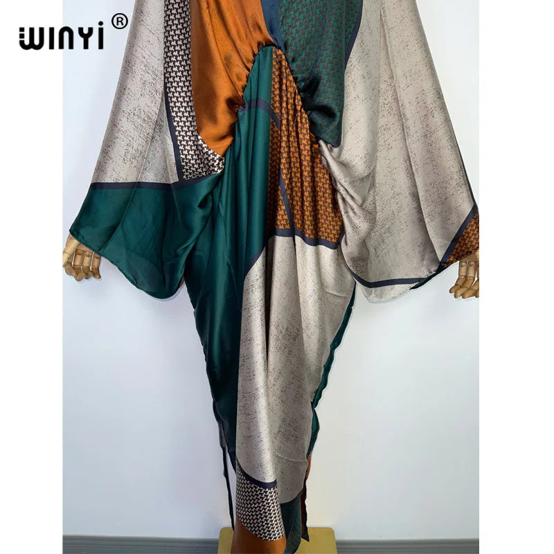 Retro Printed Party Long Dress Women Elegant kaftan Deep V Neck long Sleeve Dress