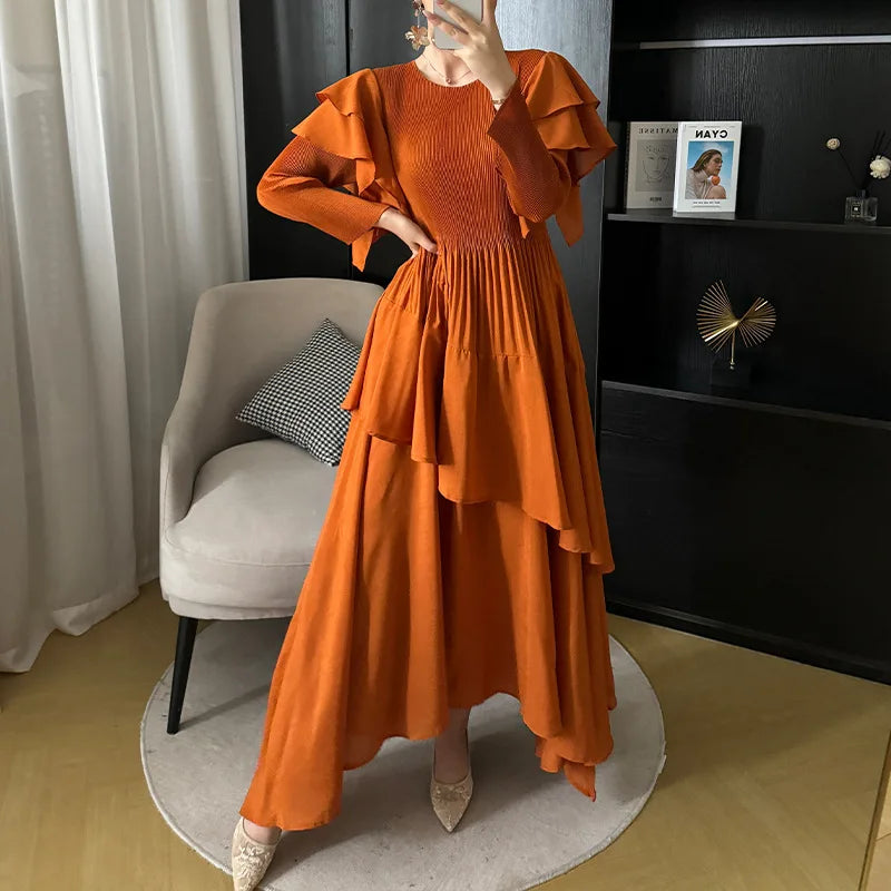 Fashion Pleated Long Dress Long Sleeve Pleated Dresses