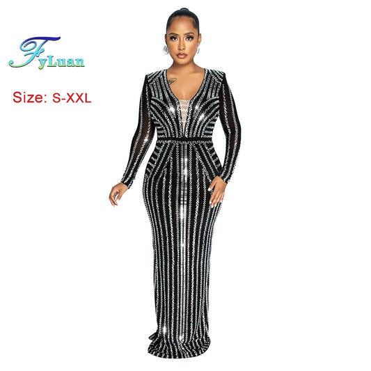 Black Sparkle Rhinestone Maxi Dress Fashion Long Sleeve V Neck Elegant Slim Long Party