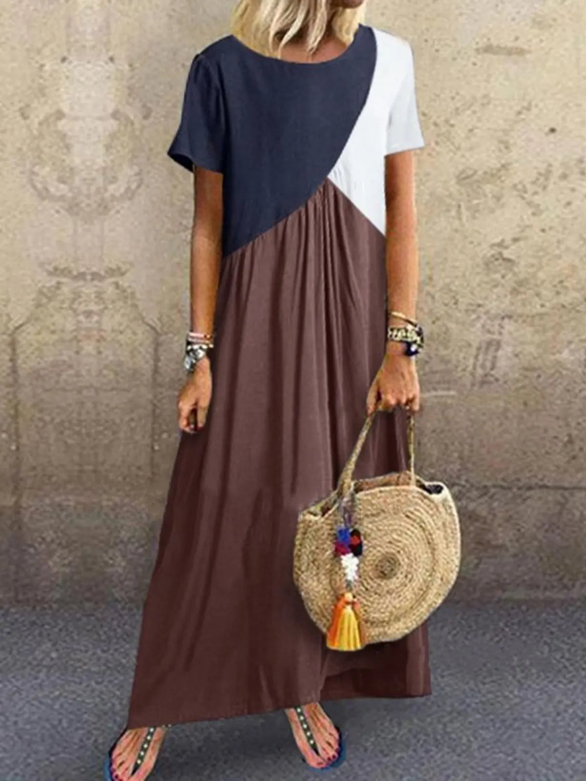 Spring And Summer Women's  Splicing Dress Casual Short Sleeved Round Neck Beach Long Dress
