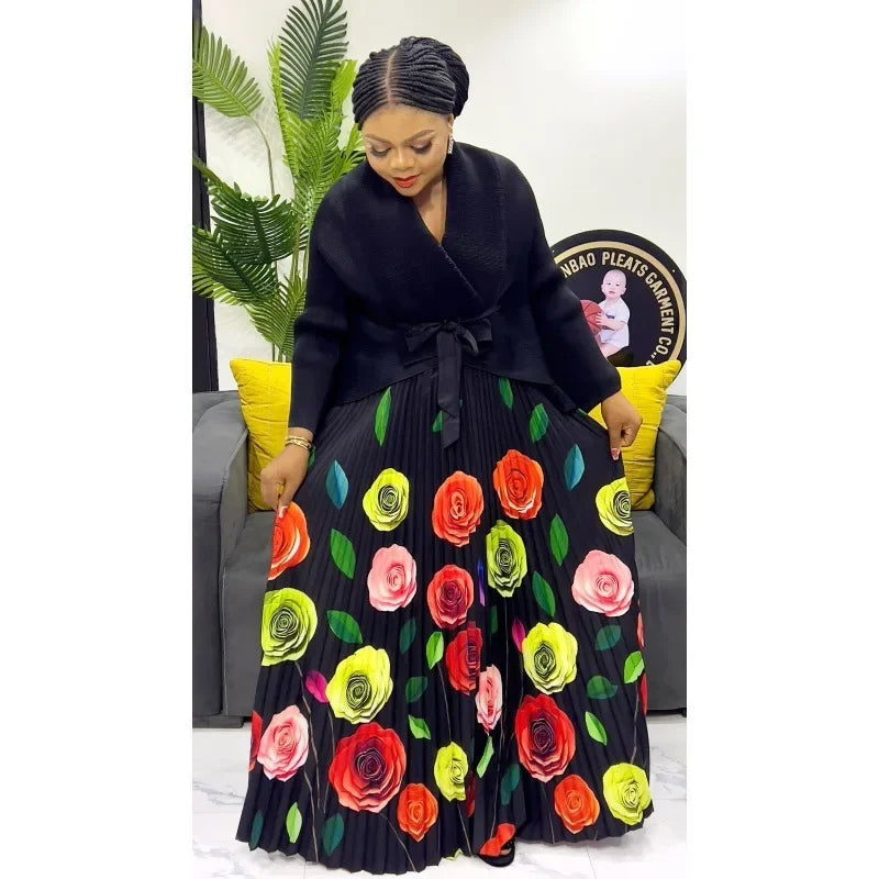Pleated Ladies Long-sleeved Lace-up Solid Color Top Printed Swing Skirt Two-piece Set Women
