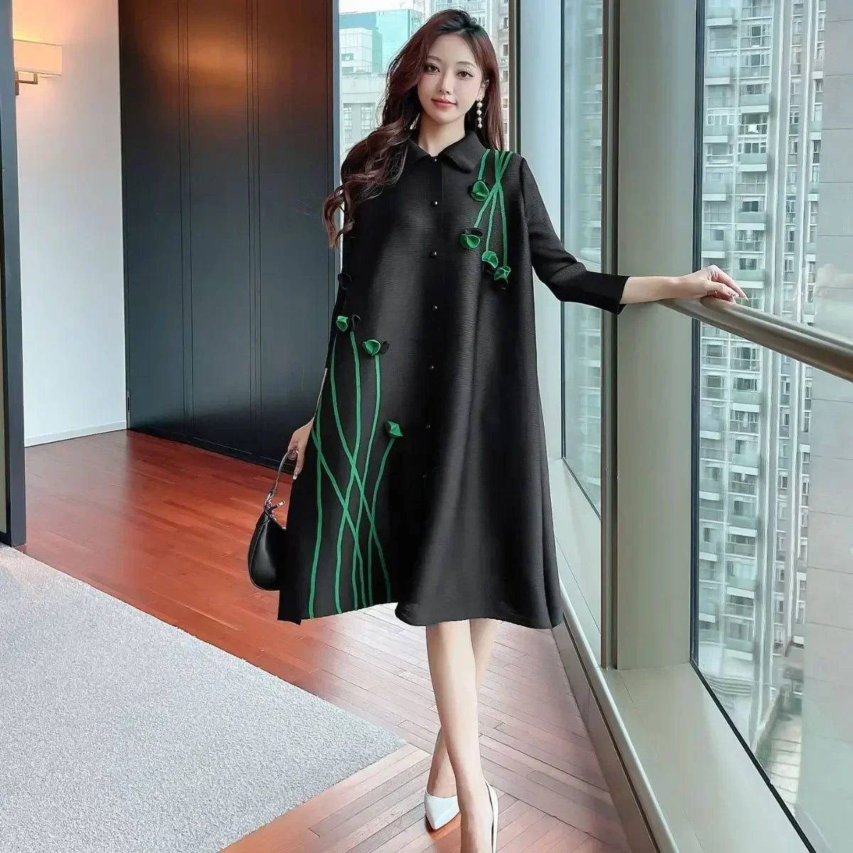 Pleated Dress Dress Lapel Print Loose  Cardigan