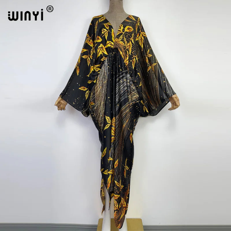 Retro Printed Party Long Dress Women Elegant kaftan Deep V Neck long Sleeve Dress