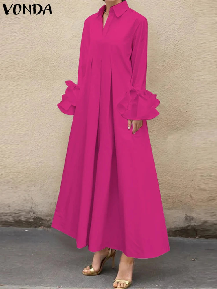 Women Elegant Shirt Dress Ruffle Pleated Maxi Long Dress Casual Loose Denicy