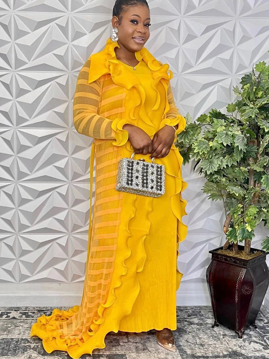 Pleated Set Solid Flounced Full Sleeved Evening Party Two Piece Sets Women