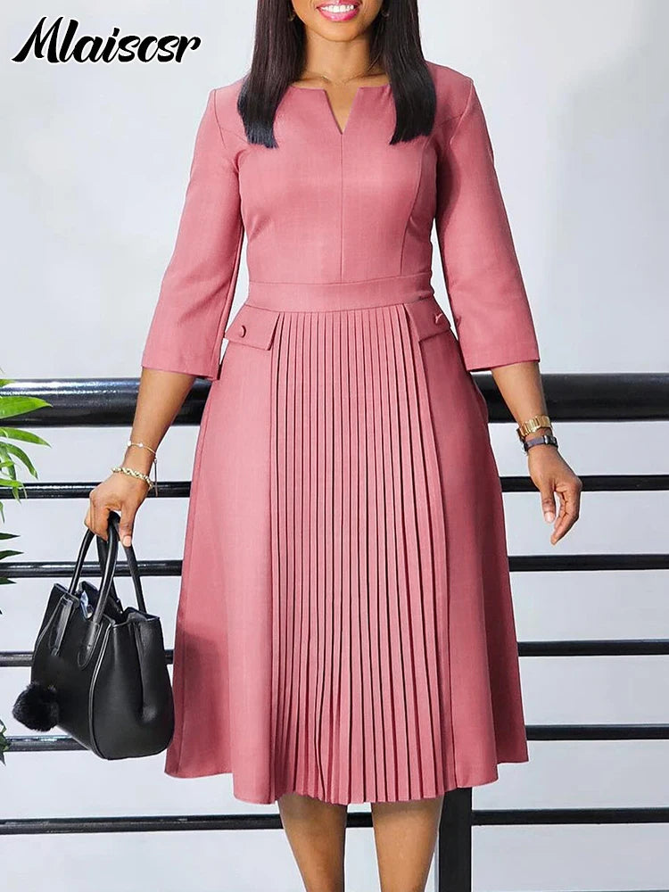 Elegant Pink A-line Dresses Women V-neck 3/4 Sleeve Pleat