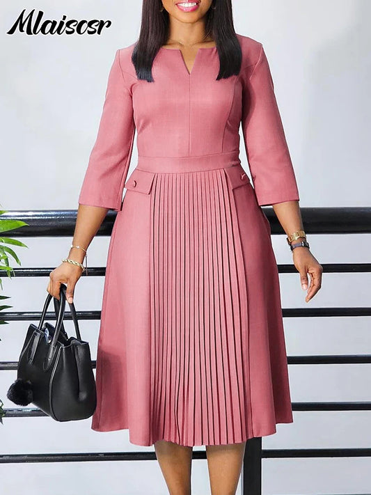 Elegant Pink A-line Dresses Women V-neck 3/4 Sleeve Pleat