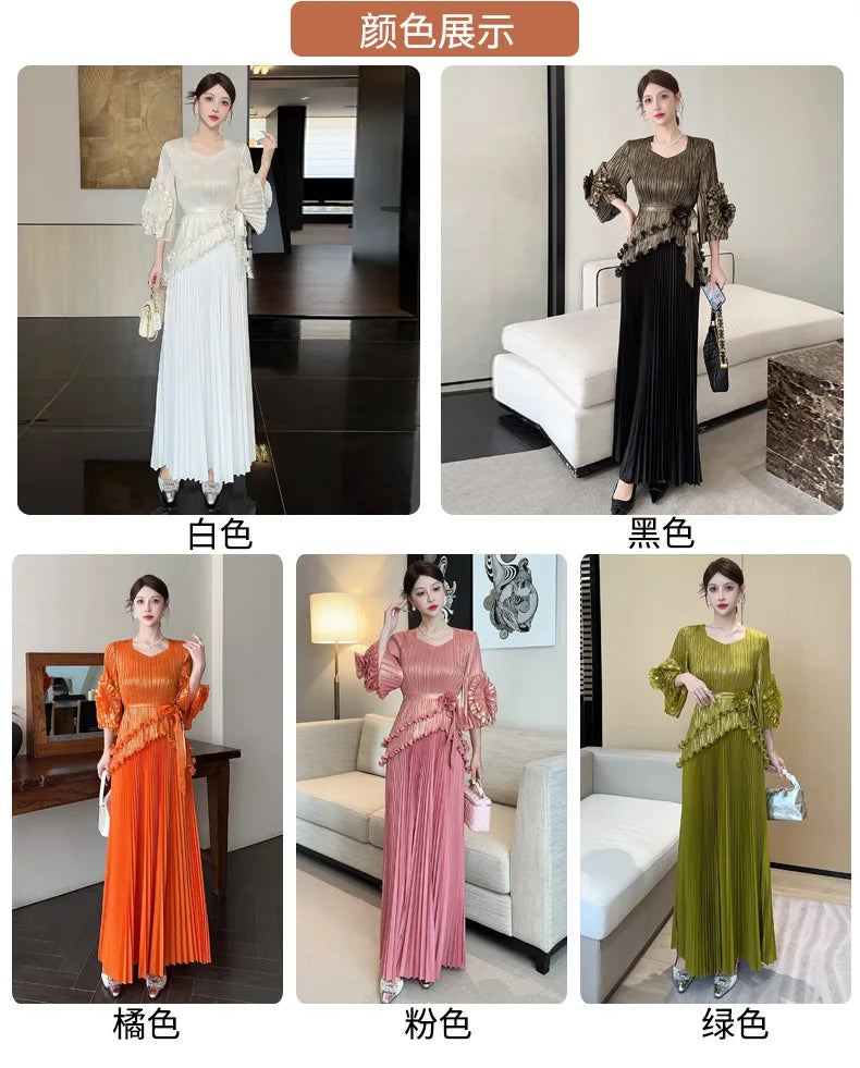 Free Size Pleated Women's Suit Irregular Top + High Waist Long Half Skirt Two-piece Set