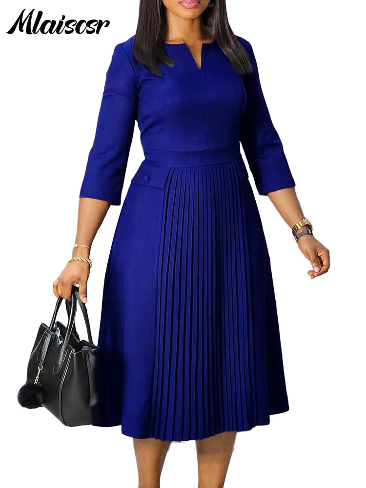 Elegant Pink A-line Dresses Women V-neck 3/4 Sleeve Pleat