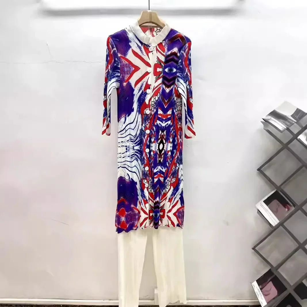 Miyake Pleated Printed Cardigan Stand-up Collar Long Top + High-waisted Versatile Straight-leg Pants 2-piece Set