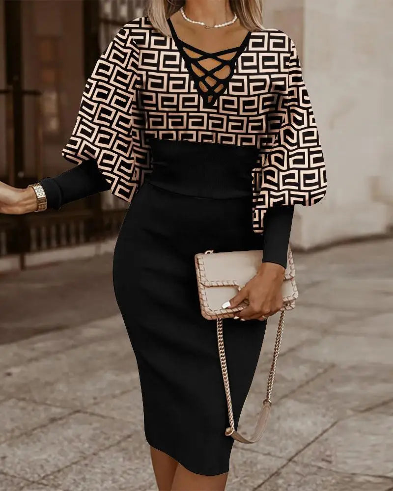 Elegant Long-sleeved V-neck Waist Dress  Winter Slim Vintage Dresses