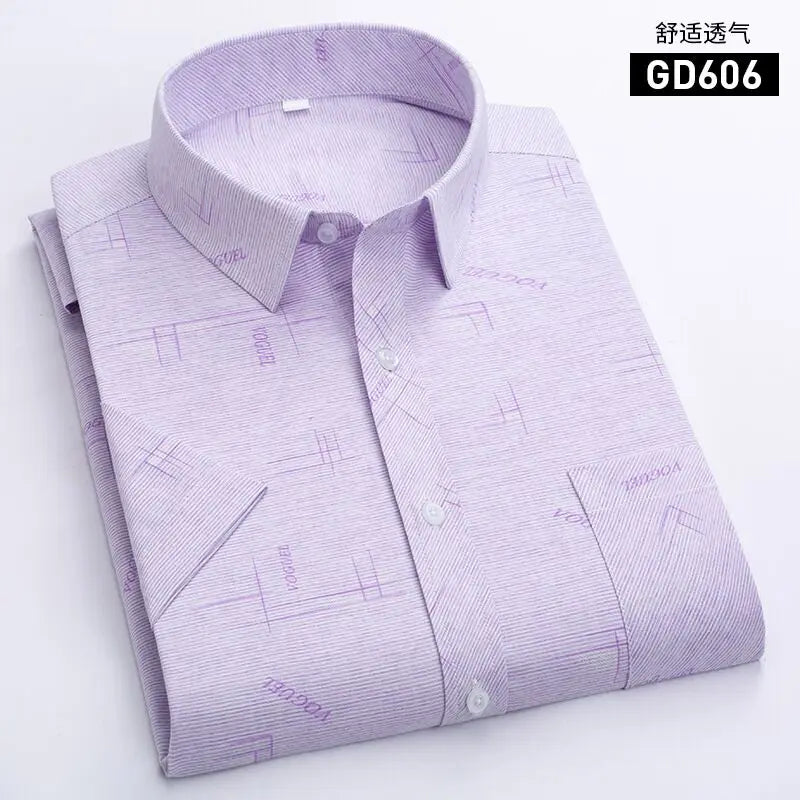 Men's Short-Sleeved White Dress Shirts Classic Plaid Stripes Cotton Slim Business Casual