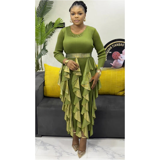 Pleated Bronzing Splicing Dress Beaded Round Neck Loose Women's Dresses