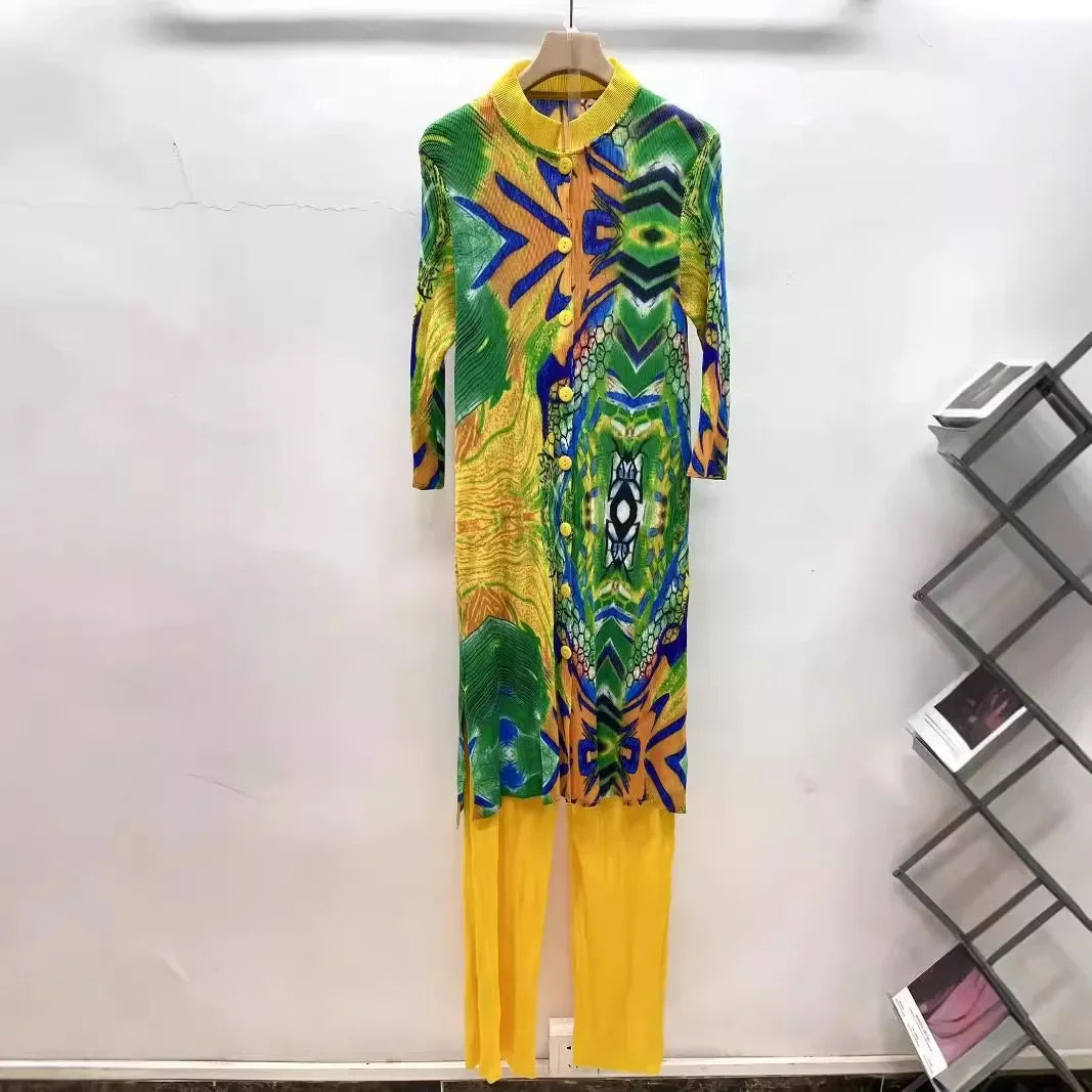 Miyake Pleated Printed Cardigan Stand-up Collar Long Top + High-waisted Versatile Straight-leg Pants 2-piece Set