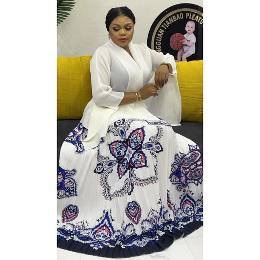 One Size Pleated Elegant Party 2 Piece Set Women Belt Batwing Sleeves Tops A-line Print Folds Long Skirt Fashion New Sets